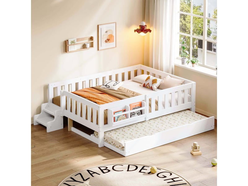 Lit enfant 140x200 cm avec lit gigogne 90x190 cm, bibliothèque intégrée, marche d’accès, garde-corps, sommier à lattes, bois massif et mdf blanc - Conforama B