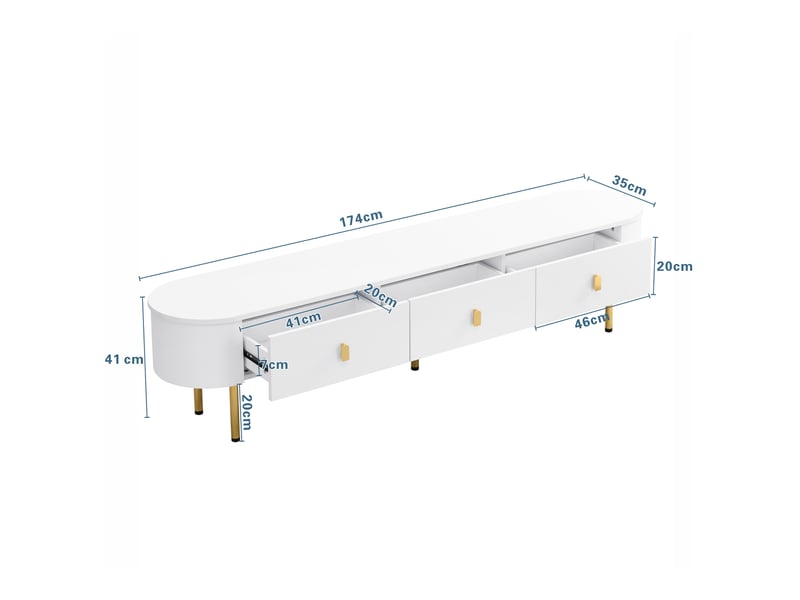  Ensemble meuble tv et table basse 174x35x41 cm et 108x50x40 cm, tiroirs, angles arrondis, mdf blanc et doré  - Conforama C