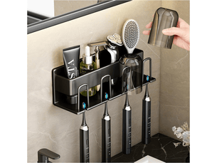Porte-brosse à dents mural, adapté au porte-gobelet et au porte-brosse à dents de la salle de bain (noir, quatre pièces)