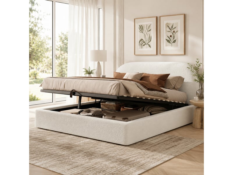  Lit double 160x200 cm avec coffre hydraulique, espace de rangement et tête de lit capitonnée, bouclé beige  - Conforama B