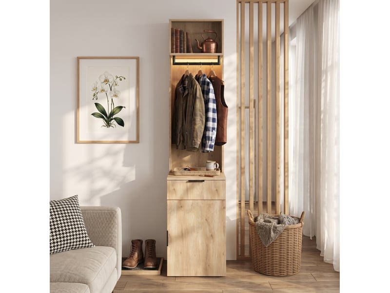  Garde-robe d'entrée 45x47x200 cm avec éclairage led et tiroir à bijoux, mdf, bois clair, rangement entrée et dressing  - Conforama B
