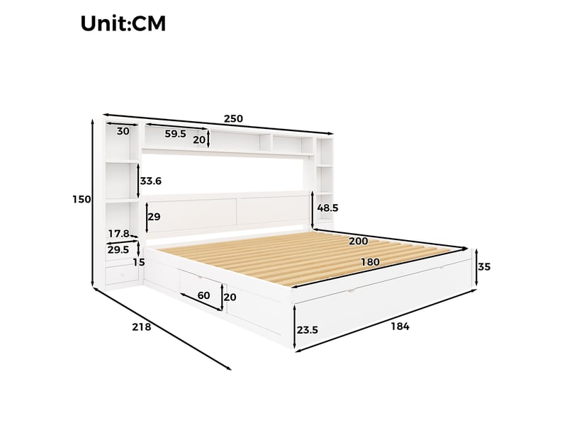  Cadre de lit plateforme 180x200 cm en mdf et contreplaqué avec rangement, 7 tiroirs et led blanc chicfurn  - Conforama D