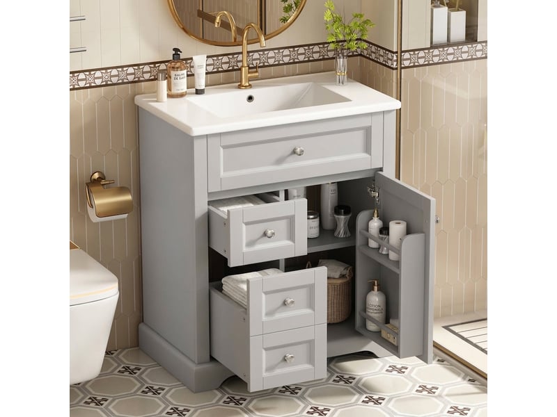  Meuble salle de bain avec lavabo 76x46x87cm meuble vasque sur pied gris en mdf avec tiroirs  - Conforama D