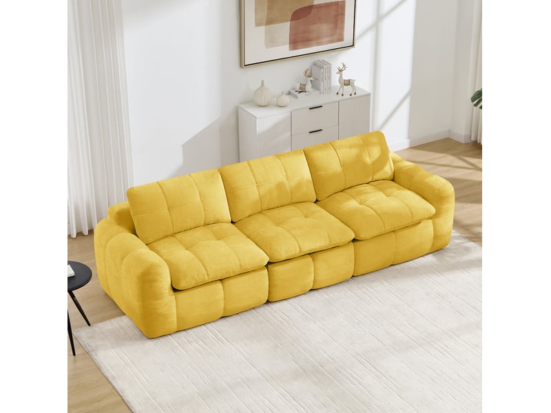 Canapé modulaire 3 places sans structure, assise ergonomique et coussins épais matelassés en chenille jaune - Conforama B