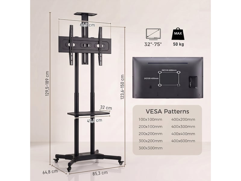  Support tv sur roulettes réglable en hauteur métal avec étagères 85,3x64,8x189 cm  - Conforama C