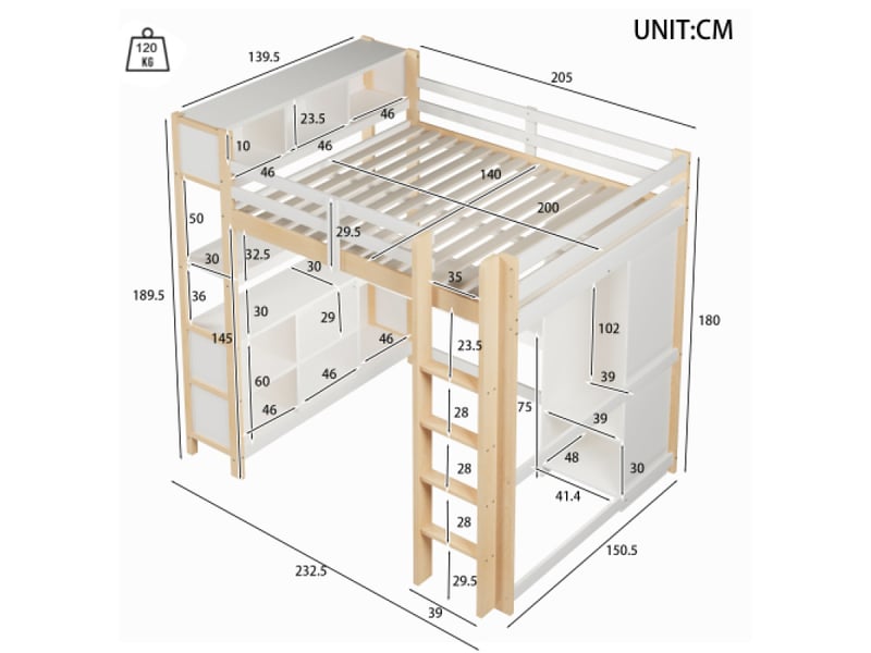 Lit mezzanine adulte 2 places 140x200 cm | étagères, bureau, garde-robe, couleur naturel, sans matelas - Conforama D