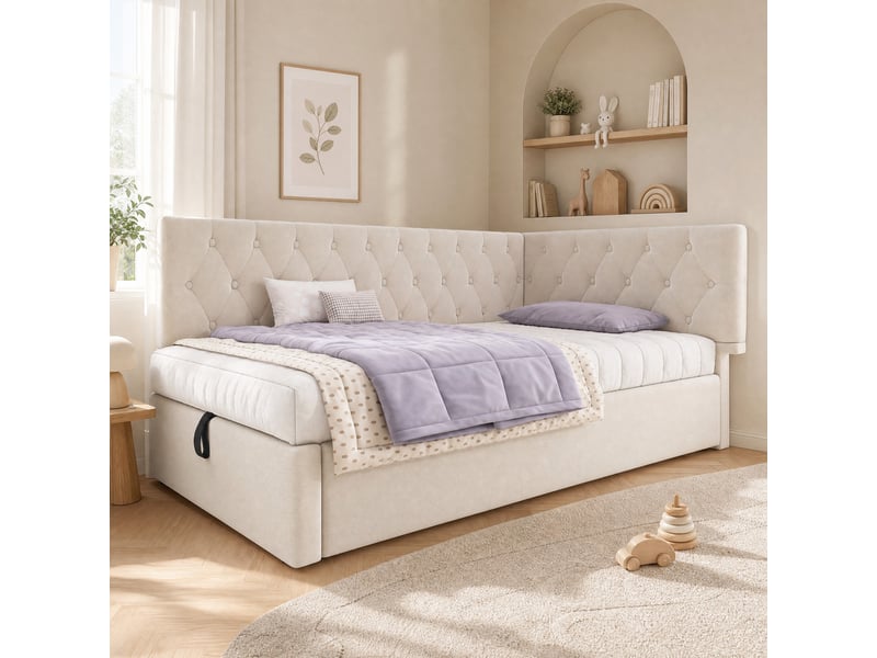  Lit banquette 190×90 cm avec rangement hydraulique et dossier réversible, sans matelas, en velours beige  - Conforama B