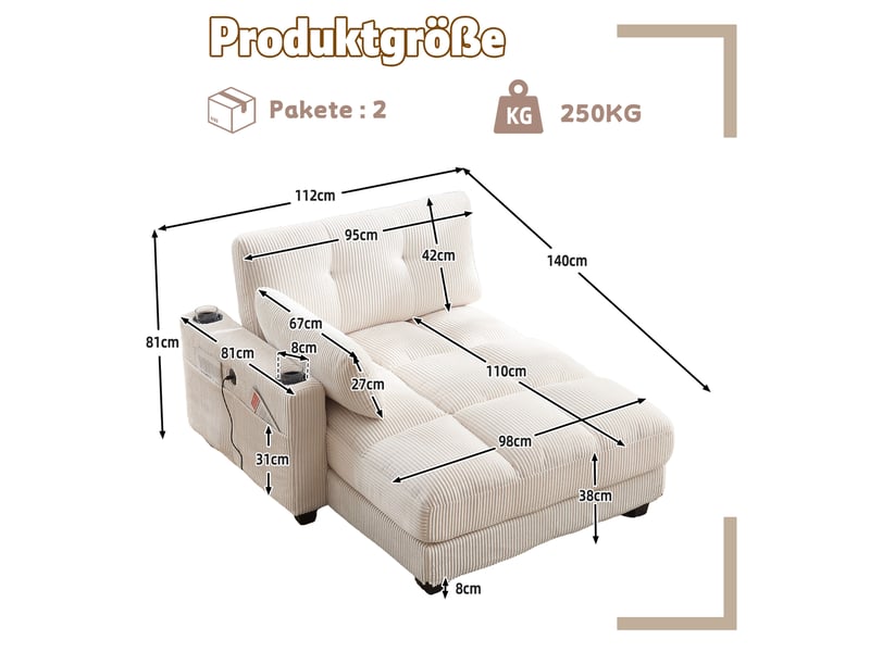  Canapé beige en velours côtelé avec accoudoirs réversibles et coussins d'appui-tête réglables  - Conforama C