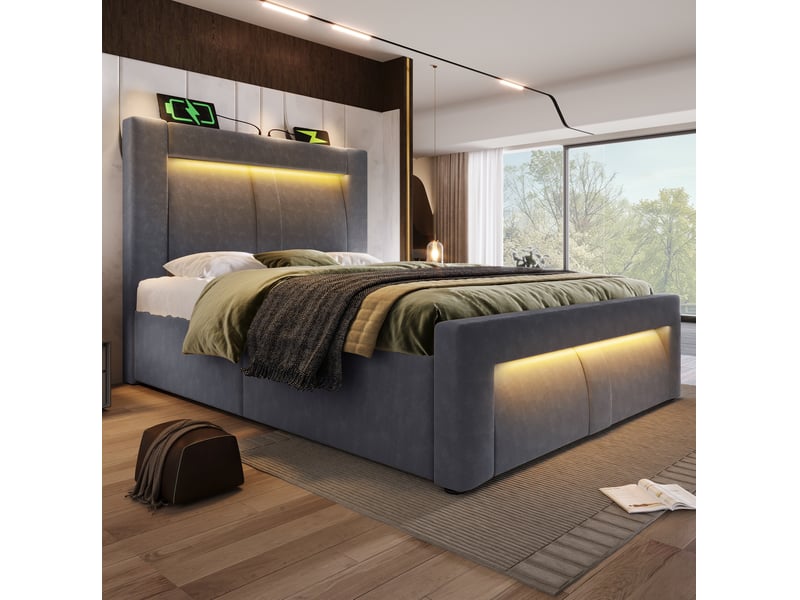  Modenvie lit coffre 90x200 cm - avec led, ports usb-c et tête de lit galbée, matelas inclus - gris  - Conforama E