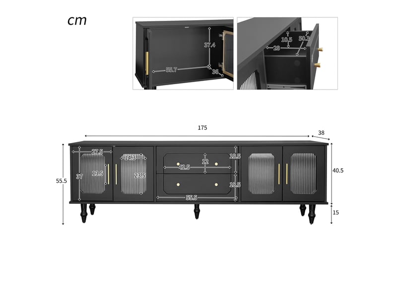  Meuble tv 4 portes vitrées et tiroirs push-to-open pour salon 177×38×55,5 cm panneaux de particules noir  - Conforama D