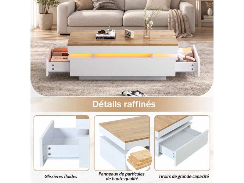  Table basse led blanc et bois avec 2 tiroirs, finition brillante, éclairage d’ambiance, 100x50x35 cm  - Conforama E
