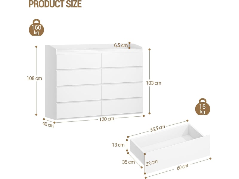  Commode 40 x 120 x 108 cm 8 tiroirs rambarde blanc, salon, chambre  - Conforama C