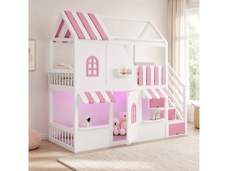 Lit superposé enfant 1 place 90×200 cm, led et rangements - okmyhome- blanc et rose, sans matelas  - Conforama B