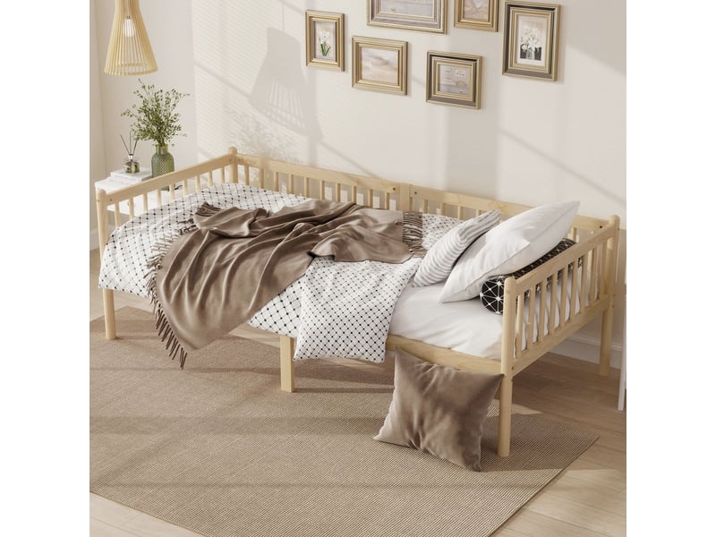  Canapé-lit 90 x 200 cm couchage d'appoint en bois de pin barrières de sécurité sur 3 côtés 14 supports fini naturel  - Conforama B
