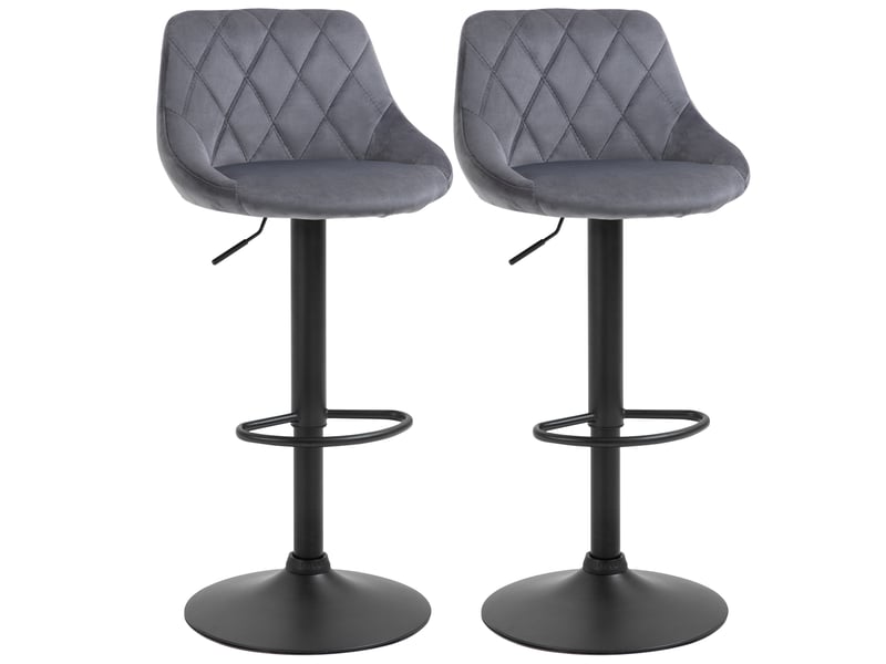  Lot 2 tabourets bar réglables, métalsimilicuir, hauts pivotants, dossier, repose-pieds, 46x48x83-104 cm, gris et noir.  - Conforama A