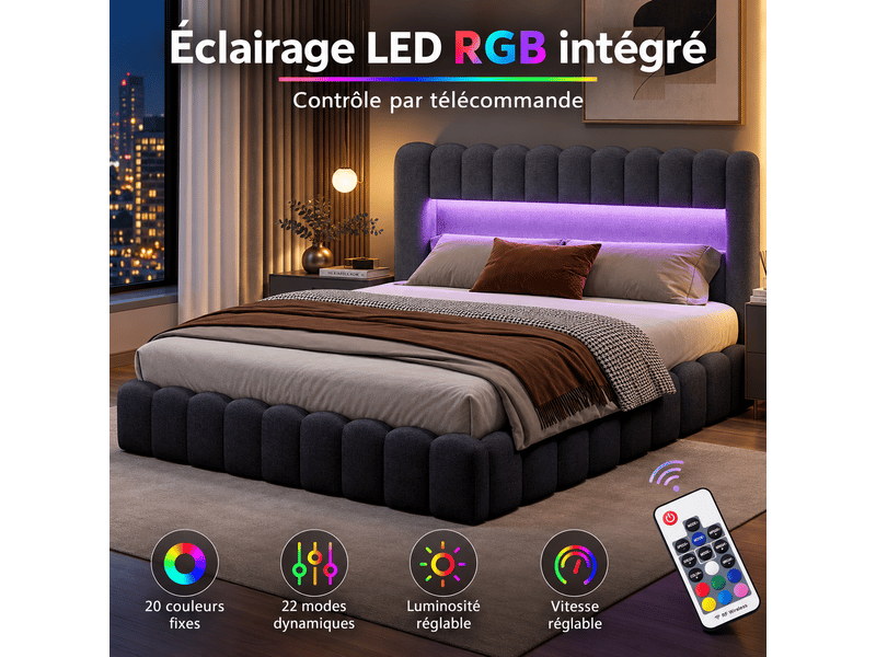  Lit coffre 180 x 200 cm avec led et ports usb,lit double rembourré , rangement hydraulique, lit fonctionnel,lin ,gris  - Conforama E