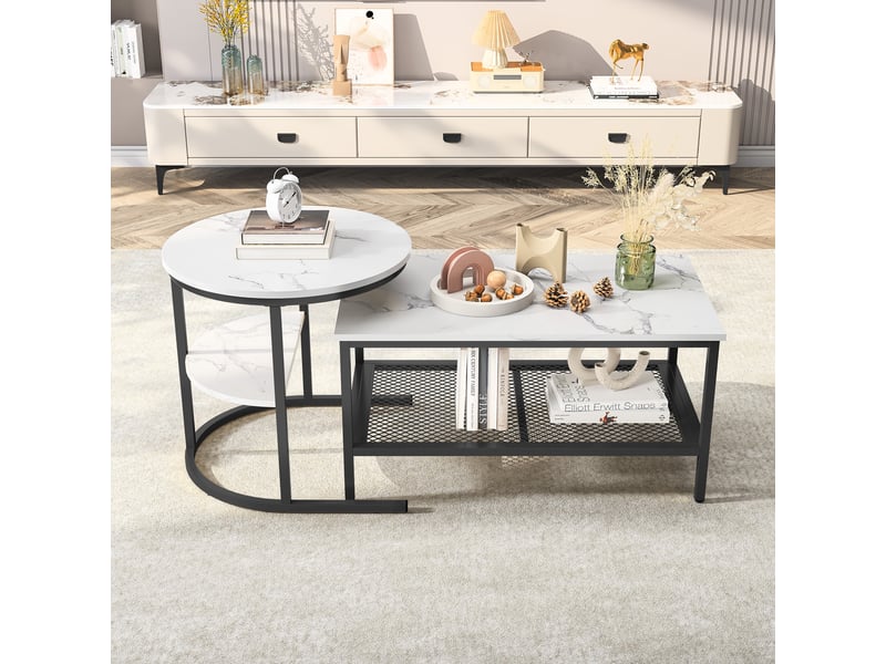 Lot de 2 tables basses gigognes – 80 x 46 x 41 cm – double rangement & pieds métal – effet marbre - blanc et noir - Conforama B