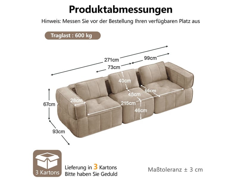  Canapé modulable 3 places en polyester beige, sans montage  - Conforama C