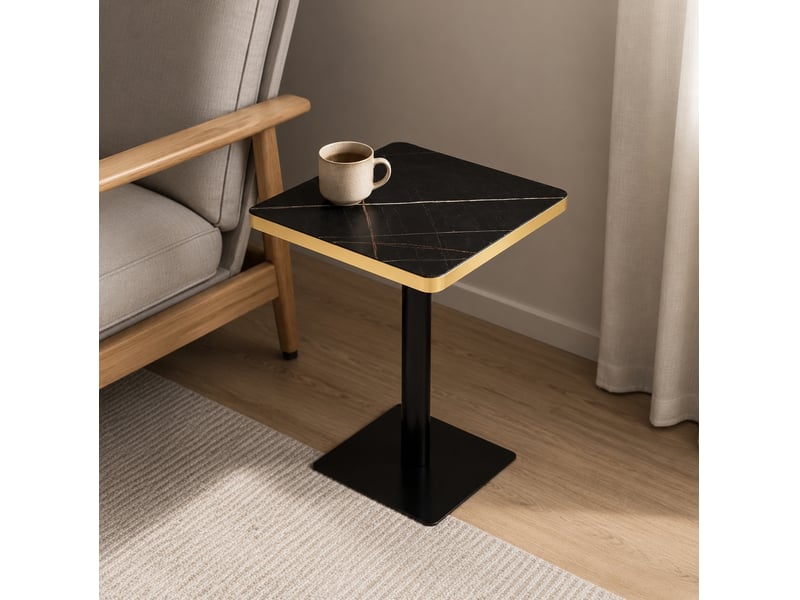  Table de salle à manger carrée pour 2 à 4 personnes, pied central métal et plateau effet marbre noir, 60 × 60 × 74 cm  - Conforama C