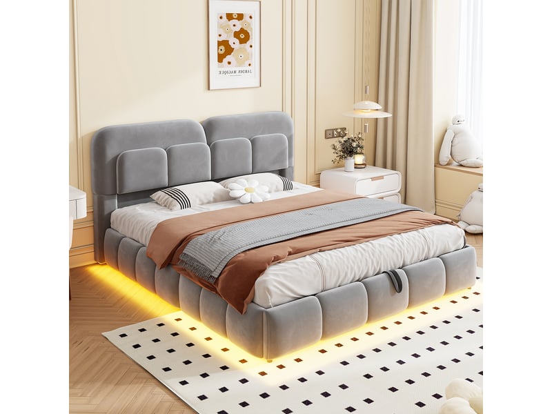  Lit coffre 140x200 cm, lit double, rangement hydraulique, velours gris, led  - Conforama D