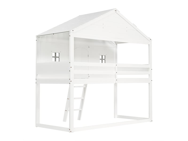 Lit mezzanine 90x200cm, lit cabane avec 2 fenêtres, porte, escalier et sommier, pin+mdf blanc, sans matelas  - Conforama E