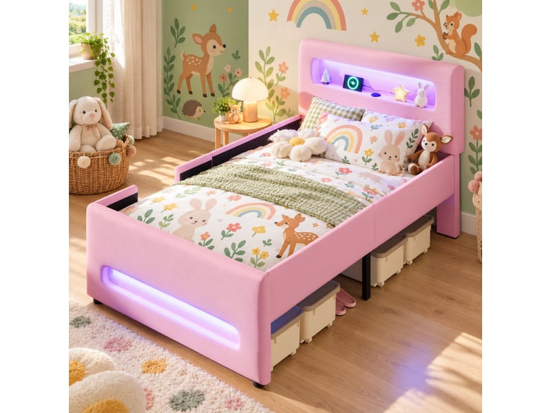  Lit enfant rembourré 90 x 200 cm, escalier, tiroir de rangement, led avec application, usb, poches latérales, pu, rose  - Conforama B