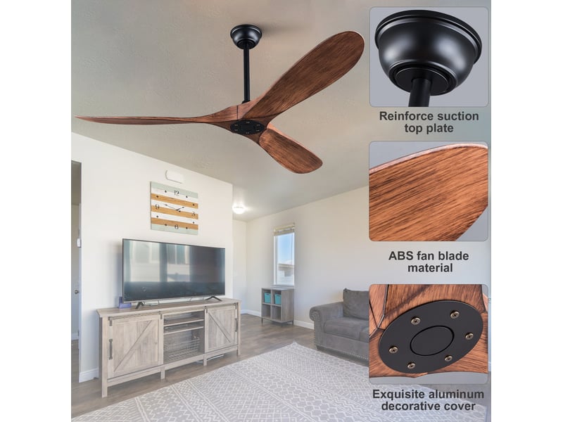 Ventilateur de plafond 132 cm sans lumière noir et noyer foncé avec télécommande - Conforama E