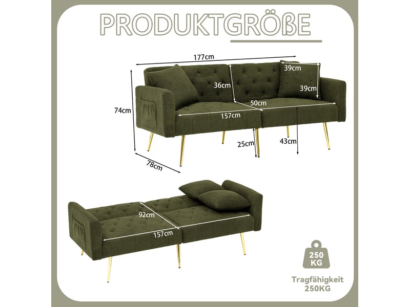  Canapé convertible 2 places avec dossier réglable à 3 positions et 2 coussins en tissu teddy vert  - Conforama D