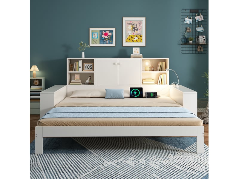 Lit banquette 90x200 cm – blanc – lit gigogne extensible avec rangement, liseuse et ports usbusb-c – sans matelas - Conforama B