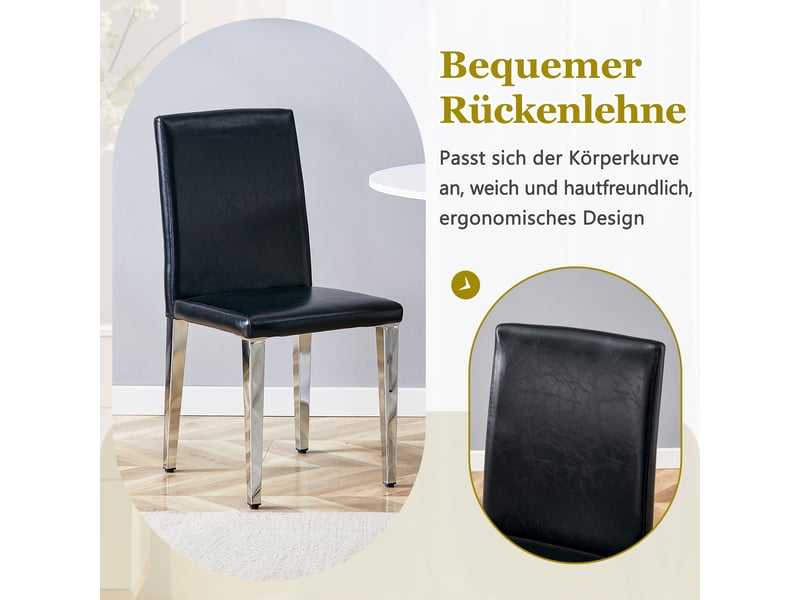  Lot de 6 chaises de salle à manger design, simili cuir noir et pieds métal argentés, style luxe léger européen pour salle à manger et salon  - Conforama D