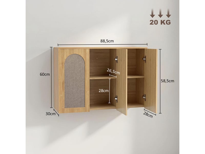  Armoire murale de salle de bain bohème avec 3 portes effet rotin à fermeture douce et étagère réglable, chêne  - Conforama E