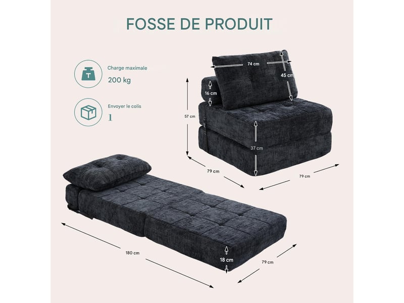  Chauffeuse convertible pliante en tissu chenille noir avec coussins W3056P316756 - Conforama C