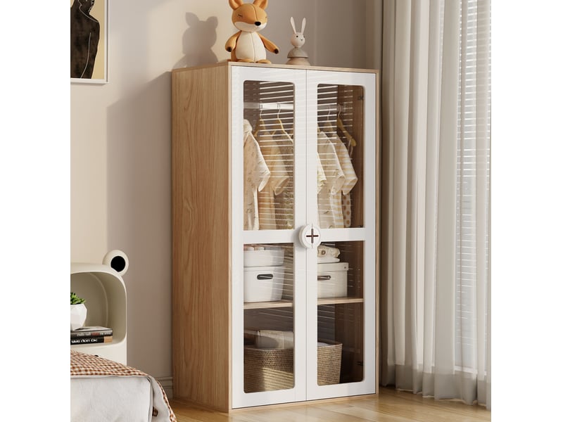 Armoire 2 éléments avec portes acryliques, étagères réglables et penderies, blanc et bois naturel, 160 × 50 × 150 cm - Conforama D