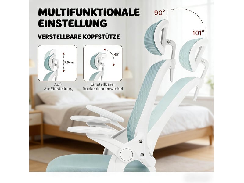  Chaise de bureau ergonomique bleue à dossier haut, appuie-tête réglable et accoudoirs 3d, pour bureau et réunion  - Conforama D
