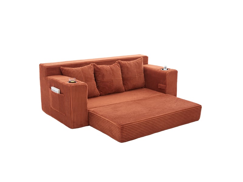  Canapé modulable 3 places modenvie en velours côtelé orange avec porte-gobelets et poches latérales 172 x 87 x 64 cm  - Conforama A