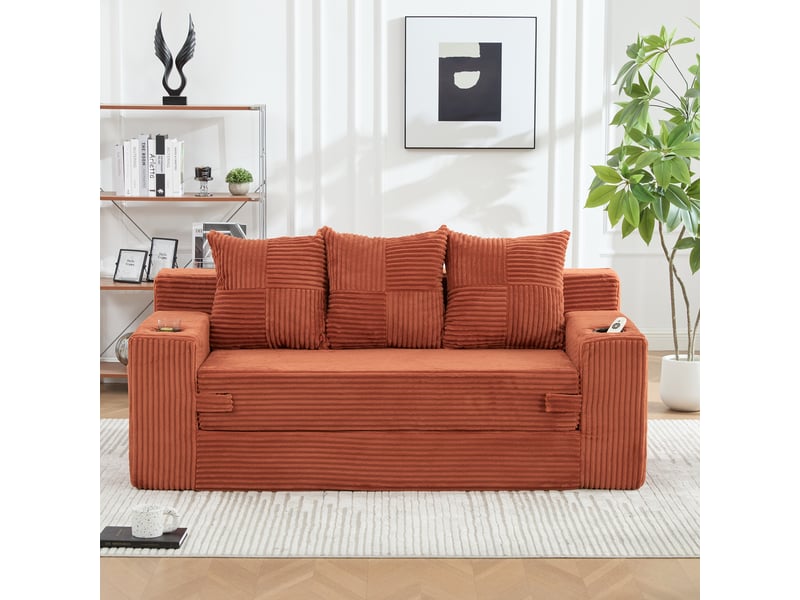  Canapé trois places avec porte-gobelets et poches latérales, design sans cadre, larges assises - orange  - Conforama B