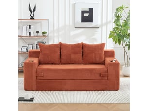 Canapé trois places avec porte-gobelets et poches latérales, design sans cadre, larges assises - orange