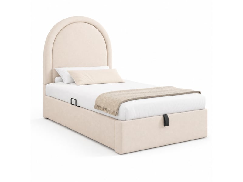  Lit coffre enfant 200×90 cm avec sommier à lattes relevable et rangement, sans matelas, revêtement en pu beige  - Conforama A