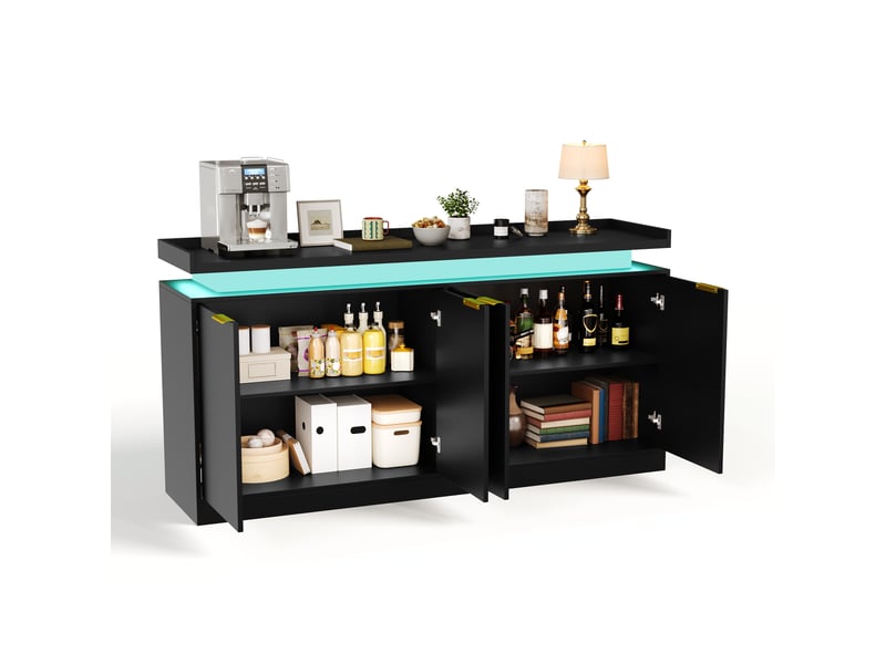  Buffet noir avec led 160 cm salle à manger, meuble de rangement 4 portes en mdf, commode moderne  - Conforama A