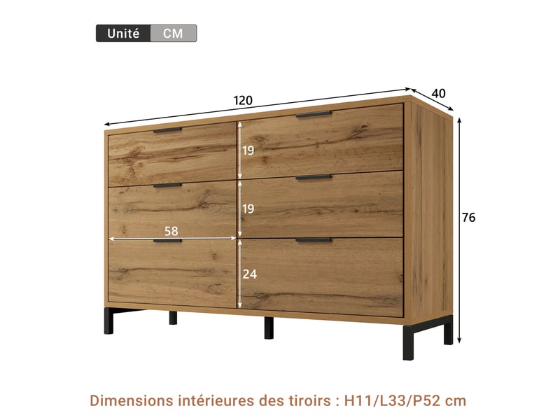  Commode ulevr avec rangement, 6 tiroirs, 120 x 40 x 76 cm, pieds et poignées en métal, panneau de particules, chêne foncé  - Conforama C