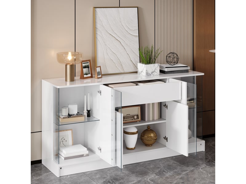  Buffet led, 6 portes, 1 tiroir, vitrines latérales et étagères réglables, façades brillantes, 150 × 40 × 75 cm, blanc  - Conforama D