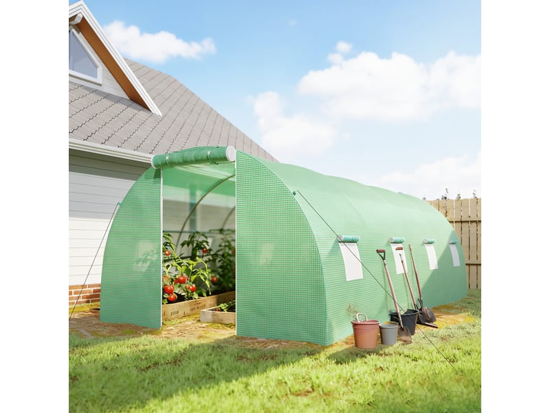  Serre tunnel 6 x 3 x 2 m avec porte enroulable, 8 fenêtres grillagées et structure en acier galvanisé vert  - Conforama C