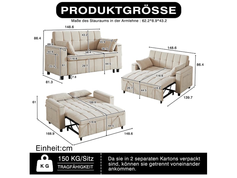  Canapé convertible 2 places 148,6 x 81,3 cm beige en chenille, couchage d'appoint et rangements latéraux  - Conforama C