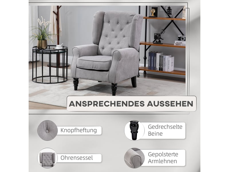  Fauteuil à oreilles capitonné en polyester et pieds en bois, gris, 74 x 86 x 102 cm  - Conforama C