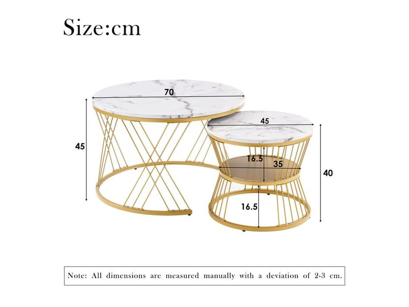 Table basse gigogne gain de place 70cm - mdf &amp; placage avec motif marbré - finition brillante facile à nettoyer, pieds métal doré 45x45x40cm - Conforama E