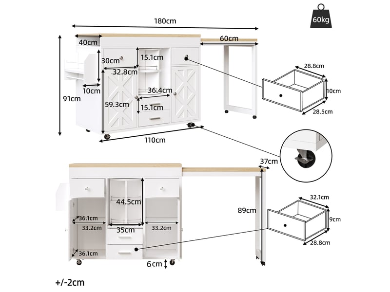  Desserte de cuisine extensible 110-180 cm avec roulettes, mdf blanc et tiroirs  - Conforama C