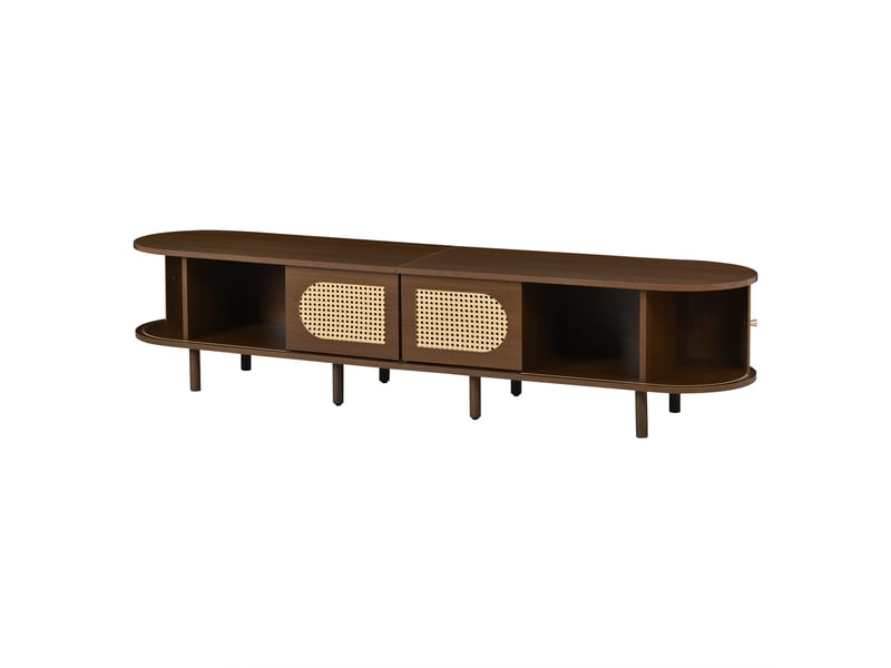 Meuble tv rétro ovale effet noyer foncé 2 portes coulissantes 2 portes battantes avec rotin 180x40x40 cm  - Conforama D