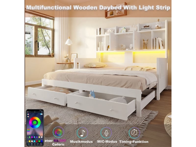 Lit adulte, 193,6x97x140 cm, éclairage led, ports de charge, blanc cao-LDF00593AAK-conf-NEW - Conforama W