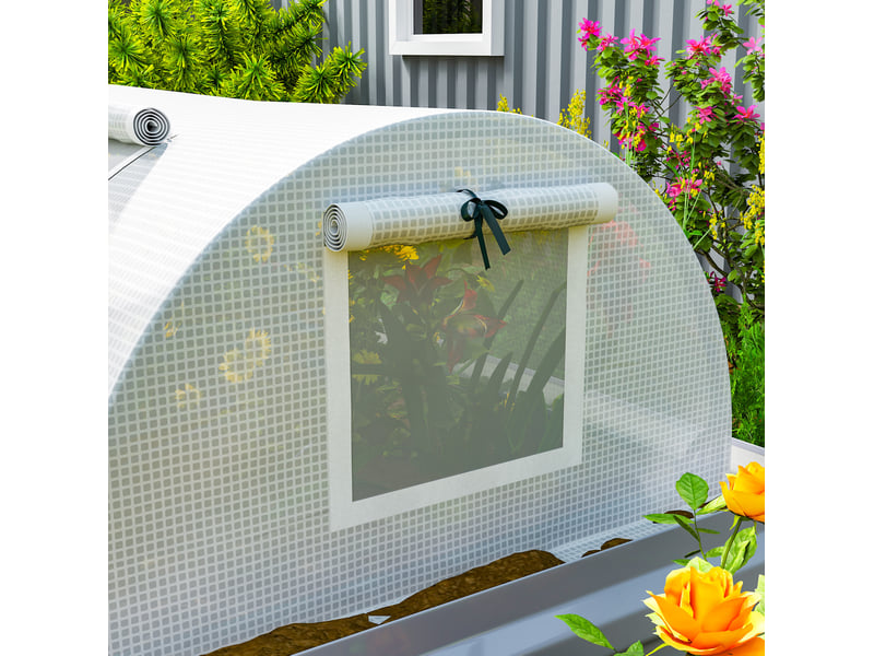 Mini serre tunnel de jardin 300 x 80 x 45 cm – blanche – 4 fenêtres en maille enroulables, film anti-uv - Conforama D