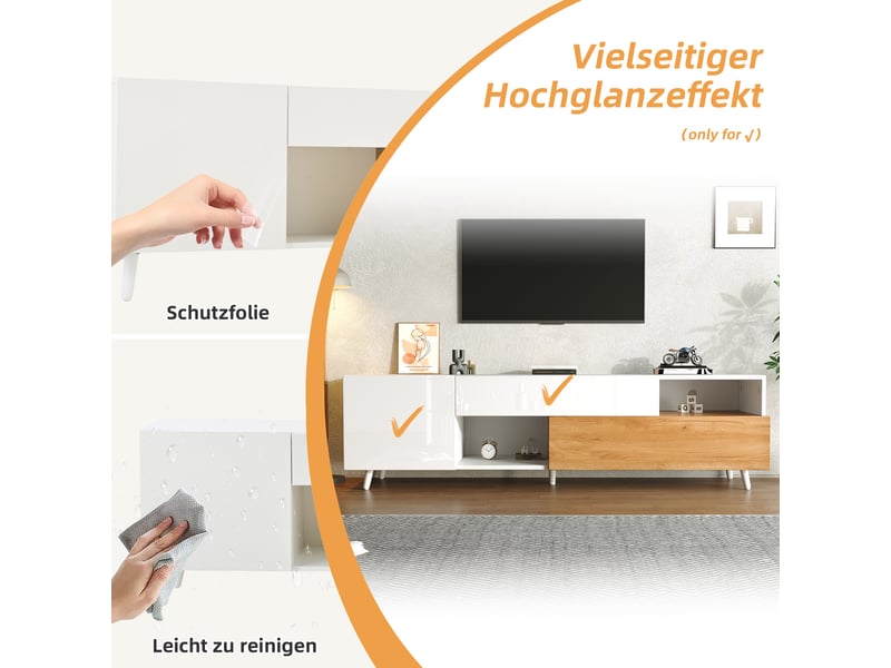  Meuble tv 180×38×50 cm, tv 75 pouces, panneaux de particules, façade brillante, porte abattante, tiroir et 7 espaces  - Conforama D